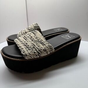 Dirty Laundry Womens Platform Slide Sandals Black White Woven Strap Wedge 7.5